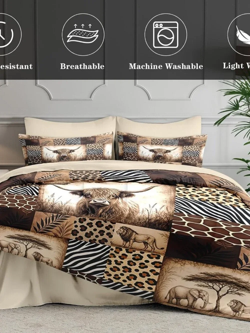 Full Size Comforter Set with 2 Pillowcases & 2 Shams, Highland Cow Leopard 7 Pcs